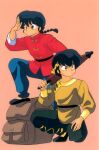  1980s_(style) 2boys backpack bag bands black_eyes black_hair braid braided_ponytail chinese_clothes closed_umbrella headband hibiki_ryouga holding holding_umbrella long_hair long_sleeves male_focus multiple_boys official_art pink_background ranma_1/2 retro_artstyle saotome_ranma short_hair simple_background squatting umbrella 