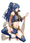  1girl alternate_costume alternate_hairstyle barefoot blue_eyes blue_hair blush breasts dancer detached_sleeves earrings fire_emblem fire_emblem_awakening fire_emblem_heroes harem highres jewelry long_hair looking_at_viewer lucina_(fire_emblem) medium_breasts nez-box pelvic_curtain ponytail slave smile solo squatting thighhighs thighs tiara veil white_background 