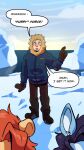  2019 anthro biped blue_eyes blush canid canid_taur canine canine_taur canis clothing comic dialogue english_text felid furry_force gary_(furry_force) glacier group handwear hi_res hoodie human ice komoroshi_(artist) leon_(furry_force) lion male mammal mammal_taur mittens pantherine parka quotation_marks realization solo_focus speech_bubble taur text topwear water wilson_(furry_force) wolf wolf_taur 