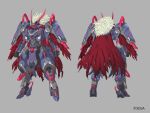  character_sheet clenched_hands grey_background horns mecha multiple_views no_humans official_art phantasy_star phantasy_star_online_2 red_eyes science_fiction standing sukekiyo56 