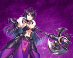  1girl armor bangs black_gloves blue_hair breasts charlotte_vie_atrustia eyebrows_visible_through_hair faulds fingerless_gloves floating_hair game_cg gloves gradient_hair hair_between_eyes halberd highres holding holding_polearm holding_weapon ko~cha large_breasts long_hair looking_at_viewer midriff multicolored_hair navel open_mouth polearm purple_background purple_hair purple_skirt red_eyes shiny shiny_hair sideboob skirt solo standing stomach underboob very_long_hair weapon yuukyuu_no_campanella 