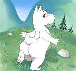  2021 absurd_res ambiguous_gender anthro blush bulluppa butt digital_media_(artwork) grass hi_res looking_back mammal moomin mountain nude open_mouth outside plant solo the_moomins tree white_body 