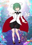  1girl abstract_background akenoin_soumon antennae bangs black_cape black_shorts blush breasts brown_footwear cape closed_mouth collared_shirt commentary_request commission eyebrows_visible_through_hair full_body green_eyes green_hair hair_between_eyes highres looking_at_viewer red_cape shirt shoes short_hair shorts skeb_commission small_breasts smile socks solo touhou translation_request twitter_username two-sided_cape two-sided_fabric white_legwear white_shirt wriggle_nightbug 