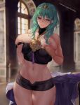  1girl aztodio bandeau bangs bare_shoulders black_shorts blush breast_hold breasts byleth_(fire_emblem) byleth_(fire_emblem)_(female) detached_collar enlightened_byleth_(female) fire_emblem fire_emblem:_three_houses green_eyes green_hair jewelry large_breasts looking_at_viewer medium_hair micro_shorts navel nipples pendant shorts smile solo tassel thick_thighs thighs tiara 