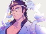  1boy bara facial_hair goatee hair_slicked_back large_pectorals long_sideburns magatama male_focus medium_hair multicolored_hair muscular muscular_male partially_unbuttoned pectoral_cleavage pectorals short_hair sideburns smile solo sparkle streaked_hair stubble tokyo_afterschool_summoners touou tsukuyomi_(housamo) white_hair 