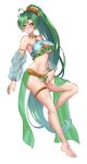  1girl absurdres alternate_costume armpits bare_legs bare_shoulders barefoot blush breasts covered_nipples dancer detached_sleeves earrings fire_emblem fire_emblem:_the_blazing_blade fire_emblem_heroes green_eyes green_hair harem heart heart-shaped_pupils highres jewelry long_hair looking_at_viewer lyn_(fire_emblem) medium_breasts navel_piercing nez-box open_mouth panties pelvic_curtain piercing ponytail see-through slave solo symbol-shaped_pupils underboob underwear veil very_long_hair white_background white_panties 