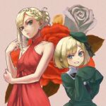  beret blonde_hair blue_eyes cocktail_dress dress earrings fate_(series) floral_background green_dress grin hair_bun hat highres jewelry lord_el-melloi_ii_case_files reines_el-melloi_archisorte rose_background sleeves_past_fingers sleeves_past_wrists smile time_paradox yomoyama_yotabanashi 