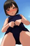  1girl absurdres bangs bare_arms bare_shoulders black_hair blue_sky blue_swimsuit blush breasts brown_eyes cloud day eyebrows_visible_through_hair from_below highres looking_at_viewer looking_down matsunaga_kouyou nose_blush old_school_swimsuit one-piece_swimsuit original outdoors parted_lips school_swimsuit school_swimsuit_flap sky small_breasts smile solo swimsuit 