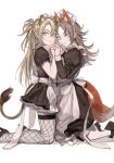  2girls animal_ears apron blonde_hair blue_eyes brown_hair daodaobiubiu dress fishnets fox_ears fox_girl fox_tail genderswap genderswap_(mtf) high_heels highres holding_hands lion_ears lion_girl lion_tail looking_at_viewer luca_kaneshiro maid maid_apron maid_headdress multiple_girls mysta_rias nijisanji nijisanji_en pale_skin purple_eyes tail 