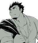  1boy bara greyscale jacket jacket_removed kishi_guma large_pectorals looking_to_the_side male_focus master_3_(housamo) monochrome muscular muscular_male partially_unbuttoned pectoral_cleavage pectorals short_hair sideburns solo spot_color thick_eyebrows tokyo_afterschool_summoners upper_body white_background 