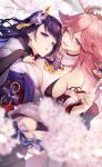  2girls ;d absurdres asymmetrical_docking bangs bare_shoulders between_breasts blurry blurry_foreground breast_press breasts bridal_gauntlets cherry_blossoms detached_sleeves flower fox_shadow_puppet genshin_impact hair_between_eyes hair_flower hair_ornament hair_ribbon half-closed_eyes hand_on_own_chest highres japanese_clothes large_breasts long_hair long_sleeves looking_at_viewer lying miko mimoontk multiple_girls one_eye_closed parted_lips pink_hair purple_eyes purple_flower purple_hair purple_ribbon raiden_shogun ribbon sideboob signature smile solo very_long_hair yae_(genshin_impact) 