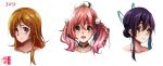  2019 3girls :d aquarion_(series) aquarion_evol atelier_(series) atelier_escha_&amp;_logy bangs blue_eyes blush braid brown_hair choker closed_mouth collarbone escha_malier eyebrows_visible_through_hair green_eyes hair_between_eyes hair_ornament hairclip hat highres kirin27 kousaka_kirino long_hair looking_at_viewer mikono_suzushiro mini_hat multiple_girls ore_no_imouto_ga_konna_ni_kawaii_wake_ga_nai pink_hair portrait purple_hair shiny shiny_hair sidelocks simple_background single_braid smile tied_hair twintails white_background white_headwear 