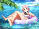  1girl :q bare_arms bare_legs bare_shoulders barefoot bikini blue_sky breasts cloud crossed_legs day food game_cg hair_ornament holding holding_food innertube lisbeth_(sao-alo) looking_at_viewer medium_breasts ocean outdoors pink_hair pointy_ears popsicle red_eyes shiny shiny_hair short_hair sky solo summer swimsuit sword_art_online sword_art_online:_alicization_rising_steel thighlet tongue tongue_out white_bikini 