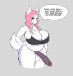  balls big_breasts big_penis black_penis bottomless breasts canid canine clothed clothing english_text fox fur genitals gynomorph hair intersex mammal napalmparadise penis piercing pink_hair solo speech_bubble text white_body white_fur yellow_eyes 