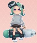  1girl absurdres akr_tmr bike_shorts black_footwear black_shorts closed_mouth green_hair grey_sweater highres long_sleeves looking_at_viewer octoling purple_eyes shoes short_hair shorts smile sneakers solo splatoon_(series) sweater tentacle_hair 