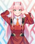  1girl absurdres akr_tmr arms_up bangs blunt_bangs blush darling_in_the_franxx eyebrows_visible_through_hair fang green_eyes grin highres horns long_hair long_sleeves looking_at_viewer parted_lips pink_hair smile solo teeth zero_two_(darling_in_the_franxx) 