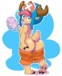  absurd_res anthro antlers big_butt bottomwear bulluppa butt candy capreoline cervid clothed clothing cotton_candy dessert digital_media_(artwork) food fur hat headgear headwear hi_res hooves horn looking_at_viewer looking_back male mammal one_piece partially_clothed reindeer shorts shorts_down solo tony_tony_chopper 