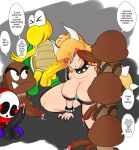  2019 angry animal_humanoid anthro areola areola_slip big_breasts big_penis blonde_hair bowser bowsette_meme bracelet breasts brown_body cleavage clenched_teeth clothed clothing collar crown dialogue english_text female genitals goomba group hair hi_res horn humanoid humanoid_genitalia humanoid_penis imminent_rape jewelry koopa koopa_humanoid koopa_troopa male male/female mario_bros meme nintendo penis scalie scalie_humanoid scocks4you shyguy speech_bubble spiked_bracelet spiked_collar spikes standing_on_another super_crown teeth text video_games waddling_head yellow_body 