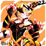  2022 allentrap anthro arknights black_body breasts clothing eyewear felid female fur glasses hair hypergryph looking_at_viewer mammal multicolored_body multicolored_fur multicolored_hair orange_body orange_fur orange_hair pantherine paw_pose pose solo studio_montagne tiger video_games waaifu_(arknights) white_body white_fur white_hair 