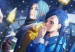  1boy 1girl blue_dress blue_hair blurry blurry_background bow bowtie braid brown_eyes brown_gloves can coat collared_shirt dress dress_shirt dutch_angle earrings ferdinand_(honzuki_no_gekokujou) flower gloves grey_sweater hair_between_eyes hair_flower hair_ornament holding holding_can honzuki_no_gekokujou jewelry kaze-hime long_hair maine_(honzuki_no_gekokujou) open_clothes open_coat open_mouth outdoors own_hands_together ribbed_sweater scarf shirt snowing sweater tied_hair turtleneck turtleneck_sweater twitter_username upper_body white_bow white_bowtie white_flower white_scarf white_shirt wing_collar winter yellow_coat 