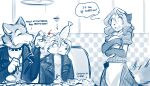  2022 7:4 angry annoyed anthro apron blue_and_white brutus_(twokinds) burger canid canine canis clothed clothing clovis_(twokinds) collar conditional_dnp dialogue dress english_text eyes_closed fail female food food_on_face food_on_head fox fries glare gloves_(marking) group hi_res holding_food holding_object hybrid jacket keidran laura_(twokinds) leather leather_clothing leather_jacket leather_topwear male mammal markings milkshake monochrome nervous open_mouth sketch smile spiked_collar spikes text tom_fischbach topwear tray trio twokinds waiter waitress_outfit webcomic wolf 