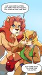  2019 anthro big_breasts blonde_hair blue_eyes bottomwear breasts bulge callie_(furry_force) clothing comic crop_top cutoffs denim denim_clothing dialogue duo english_text facial_markings felid female fur furry_force hair head_markings hi_res huge_breasts hyper hyper_breasts komoroshi_(artist) leon_(furry_force) lion lipstick long_hair makeup male male/female mammal mane markings muscular muscular_anthro muscular_male muzzle_(marking) pantherine pubes red_clothing red_hair red_lipstick red_mane red_thong red_underwear rodent sciurid shirt shorts snout snout_markings speech_bubble tan_body tan_fur text thong thong_only topwear underwear whispering yellow_body yellow_fur 