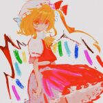  1girl ascot asymmetrical_hair bangs blonde_hair bow closed_mouth cowboy_shot crystal dot_mouth dot_nose flandre_scarlet frilled_skirt frills from_side hair_between_eyes hat hat_bow highres looking_at_viewer mob_cap noise one_side_up puffy_short_sleeves puffy_sleeves red_bow red_skirt red_vest ribbon-trimmed_headwear ribbon-trimmed_sleeves ribbon_trim short_hair short_sleeves simple_background skirt sobamushi_mo solo standing touhou vest white_background white_headwear wings yellow_ascot yellow_eyes 