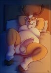  anthro armpit_hair balls bed bedroom bedroom_eyes body_hair butt cervid erection furniture genitals hi_res hooves male mammal narrowed_eyes nipples nude overweight penis perineum pickles-hyena pubes seductive solo 