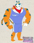  anthro big_muscles blu3danny bottomwear bulge clothed clothing english_text felid frosted_flakes hi_res huge_muscles hyper hyper_muscles kellogg&#039;s male mammal mascot muscular muscular_anthro muscular_male pantherine shirt shorts solo tank_top text tiger tony_the_tiger toony topwear 