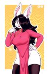  2021 anthro asian_clothing big_breasts black_hair breasts buckteeth chinese_clothing chinese_dress clothing dress ear_tuft east_asian_clothing female fur hair hi_res lagomorph legwear leporid long_hair looking_at_viewer mammal number rabbit ravagaard red_clothing red_eyes smile smiling_at_viewer solo standing stockings tagme teeth tessa_(ravagaard) tuft white_body white_fur wide_hips 