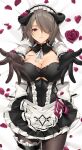  1girl asymmetrical_gloves bangs bed_sheet black_gloves black_legwear breasts cleavage commentary dakimakura_(medium) english_commentary flower frills gloves grey_hair hair_over_one_eye highres honkai_(series) honkai_impact_3rd horns large_breasts leg_garter looking_at_viewer lying maid maid_headdress on_back one_eye_closed outstretched_arms petals puffy_short_sleeves puffy_sleeves purple_eyes rita_rossweisse short_hair short_sleeves smile solo thighhighs tony_guisado 