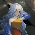  1girl bare_shoulders blue_sleeves closed_mouth collarbone detached_sleeves dress kaigen_1025 long_hair multicolored_clothes multicolored_dress orange_dress red_dress red_eyes sakata_nemuno single-shoulder_dress solo touhou upper_body wavy_hair white_hair yellow_dress 