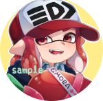  1girl absurdres akr_tmr hat highres inkling looking_at_viewer open_mouth pointy_ears red_headwear smile solo splatoon_(series) teeth tentacle_hair upper_body watermark 