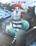  anthro bridge canid canine canis clothed clothing detailed_background female fur green_eyes hair hi_res leggings legwear looking_at_viewer mammal moonfluffmf red_hair river snow snowing solo turquoise_fur white_body white_fur wolf 