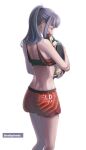  1girl absurdres at_field bare_legs bird bra carrying earrings from_behind half-closed_eyes highres jewelry katsuragi_misato long_hair nellyslewds neon_genesis_evangelion penguin penpen ponytail print_shorts red_bra red_eyes red_shorts shiny shiny_hair short_shorts shorts silver_hair simple_background solo standing twitter_username underwear white_background 