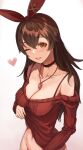  1girl amber_(genshin_impact) bare_shoulders blush bra_strap breasts brown_hair casual choker cleavage clothes_lift collarbone genshin_impact groin hair_between_eyes hairband heart highres jewelry long_hair long_sleeves looking_at_viewer medium_breasts navel necklace one_eye_closed red_hairband red_sweater shirt_lift smile solo sumtj sweater yellow_eyes 