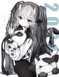  1girl animal_ears black_hair breasts chinese_zodiac colored_skin cow cow_ears cow_girl cow_horns dress grey_hair highres horns konomiyakii large_breasts multicolored_hair original stuffed_animal stuffed_toy tight tight_dress translation_request twintails waving white_hair white_skin year_of_the_ox 