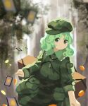  1girl backpack bag camouflage camouflage_headwear camouflage_shirt camouflage_skirt coin eyebrows_visible_through_hair green_eyes green_hair green_headwear green_shirt green_skirt hat highres kaigen_1025 key long_sleeves no_lineart parted_lips pocket shirt short_hair skirt solo touhou upper_body yamashiro_takane 