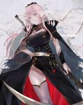  1girl belt black_dress black_nails breasts cape cleavage dress hand_on_hip highres hololive hololive_english kojima_(blue_stardust) large_breasts long_hair mori_calliope pink_eyes pink_hair scythe thighhighs veil virtual_youtuber 