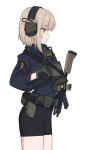  1girl black_gloves black_shorts blonde_hair brown_eyes eyebrows_visible_through_hair from_side gloves gun headphones highres jagd long_sleeves looking_away original short_hair shorts solo weapon 