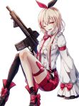  1girl alternate_costume asymmetrical_legwear bangs belt black_legwear blonde_hair blush bow breasts eyebrows_visible_through_hair full_body girls&#039;_frontline gun hair_bow hand_on_floor highres holding holding_gun holding_weapon kogarashi_kon long_hair long_sleeves looking_at_viewer m4_sopmod_ii m4_sopmod_ii_(girls&#039;_frontline) multicolored_hair neck_ribbon on_floor one_eye_closed open_mouth purple_eyes purple_shorts ribbon shirt shoes shorts single_sock single_thighhigh socks solo teeth thighhighs upper_teeth weapon white_background white_shirt 