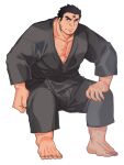  1boy alternate_costume bara black_kimono blush bulge chest_hair cross_scar facial_hair full_body goatee highres houzouin_oniwaka japanese_clothes kimono long_sideburns looking_at_viewer lostdog121 male_focus mature_male muscular muscular_male open_clothes open_kimono pectoral_cleavage pectorals scar scar_on_face scar_on_forehead short_hair sideburns sitting solo stubble thick_eyebrows tokyo_afterschool_summoners 