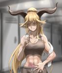  1girl abs absurdres animal_ears arknights artist_name bangs bare_shoulders blonde_hair blood blurry blurry_background breasts brown_eyes bruise bruise_on_face cleavage closed_mouth collarbone commentary cursna degenbrecher_(arknights) depth_of_field eyebrows_visible_through_hair goat_ears goat_girl goat_horns hair_between_eyes hand_on_own_stomach highres horns indoors injury large_breasts locker locker_room long_hair looking_down navel scar_on_stomach shaded_face sidelocks solo sports_bra stomach towel towel_around_neck upper_body v-shaped_eyebrows very_long_hair 