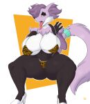  4_fingers absurd_res anthro big_breasts big_butt bikini breasts butt canid canine clothing coffee_demon delphox fan_character female fingers fur hi_res high_heels mammal nintendo pok&eacute;mon pok&eacute;mon_(species) purple_body purple_fur red_eyes simple_background solo swimwear thick_thighs tongue tongue_out video_games 