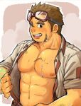  1boy :p abs bara bare_pectorals blush dirty dirty_face goggles goggles_on_head korosuke_(kr0sk) kurogane_(housamo) large_pectorals long_sideburns male_focus muscular muscular_male nipples open_jumpsuit pectorals short_hair sideburns smile solo stomach sweat thick_eyebrows tokyo_afterschool_summoners tongue tongue_out undressing 