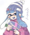  1girl akr_tmr blue_eyes blue_hair blue_headwear blue_tongue blush coat colored_tongue fang hat highres inkling long_hair long_sleeves looking_at_viewer open_mouth pointy_ears purple_coat skin_fang smile solo splatoon_(series) tentacle_hair tongue translation_request upper_body 