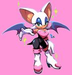  2021 5_fingers anthro boots breasts chiropteran cleavage clothed clothing eyeshadow female fingers footwear gloves green_eyes handwear hi_res high_heeled_boots high_heels lipstick makeup mammal membrane_(anatomy) membranous_wings rouge_the_bat sanikink sega signature simple_background smile solo sonic_the_hedgehog_(series) video_games wings 