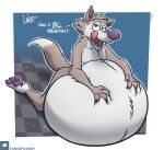  2021 abdominal_bulge anthro belly big_belly burping canid canine canis chip_the_wolf cookie_crisp dialogue hand_on_stomach hyper hyper_belly kneeling licking licking_lips looking_at_viewer male mammal nude open_mouth overweight overweight_male raised_tail solo tanio text tongue tongue_out wolf 