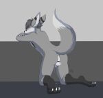  2018 4_toes 5_fingers abstract_background absurd_res anthro anus backsack balls biped black_feet blush bodily_fluids butt canid canine chastity_cage chastity_device claws crossed_arms dated digital_drawing_(artwork) digital_media_(artwork) dripping feet fennec fingers fox fur genital_fluids genitals grey_body grey_fur grey_hair hair hi_res kneeling kobaj leaning lock looking_at_viewer looking_back male mammal milodesty monotone_hair multicolored_body multicolored_fur nude penis precum precum_drip presenting presenting_hindquarters puddle raised_tail shy signature simple_background solo striped_ears toes white_body white_fur 
