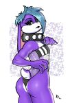  2022 anthro blue_eyes butt clothing collar elvie_rabbit female fur gris_swimsuit hi_res lagomorph leporid looking_down mammal one-piece_swimsuit purple_body purple_fur rabbit rapidpanda_(artist) side_view solo swimwear translucent translucent_clothing translucent_swimwear 